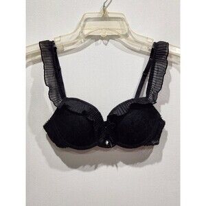 Nwot Jessica Simpson Black Lace Pleated Ruffle Trim Cameo Bra, 34A